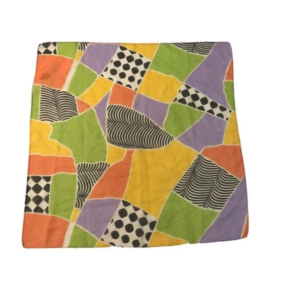 Abstract Floral Square Scarf Made in Italy Neon Green Orange Green Boho Chic - Picture 1 of 3